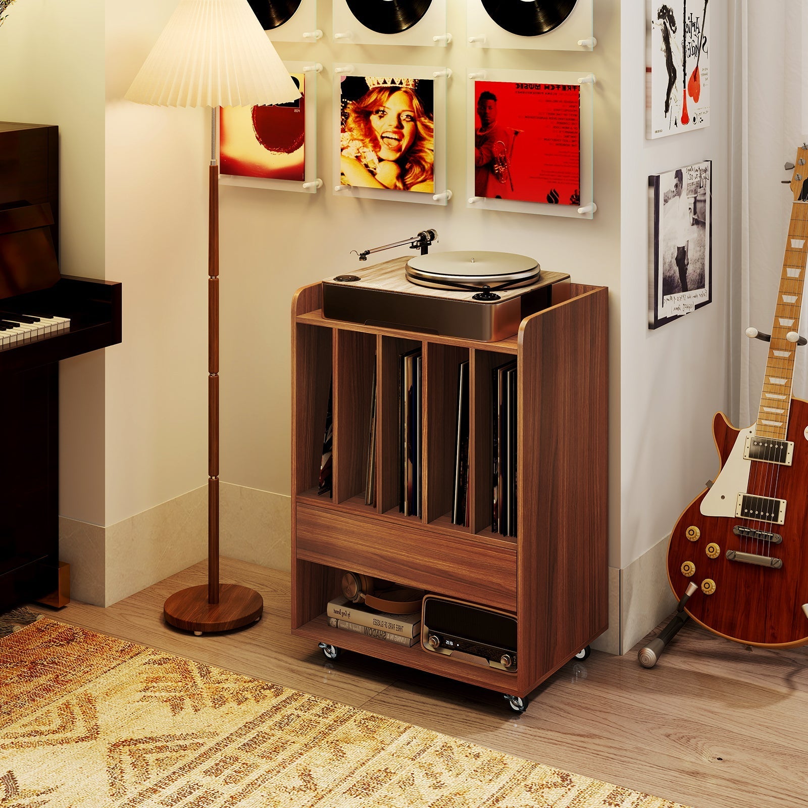 Record Player Stand Turntable Stand with Drawer and Record Holder