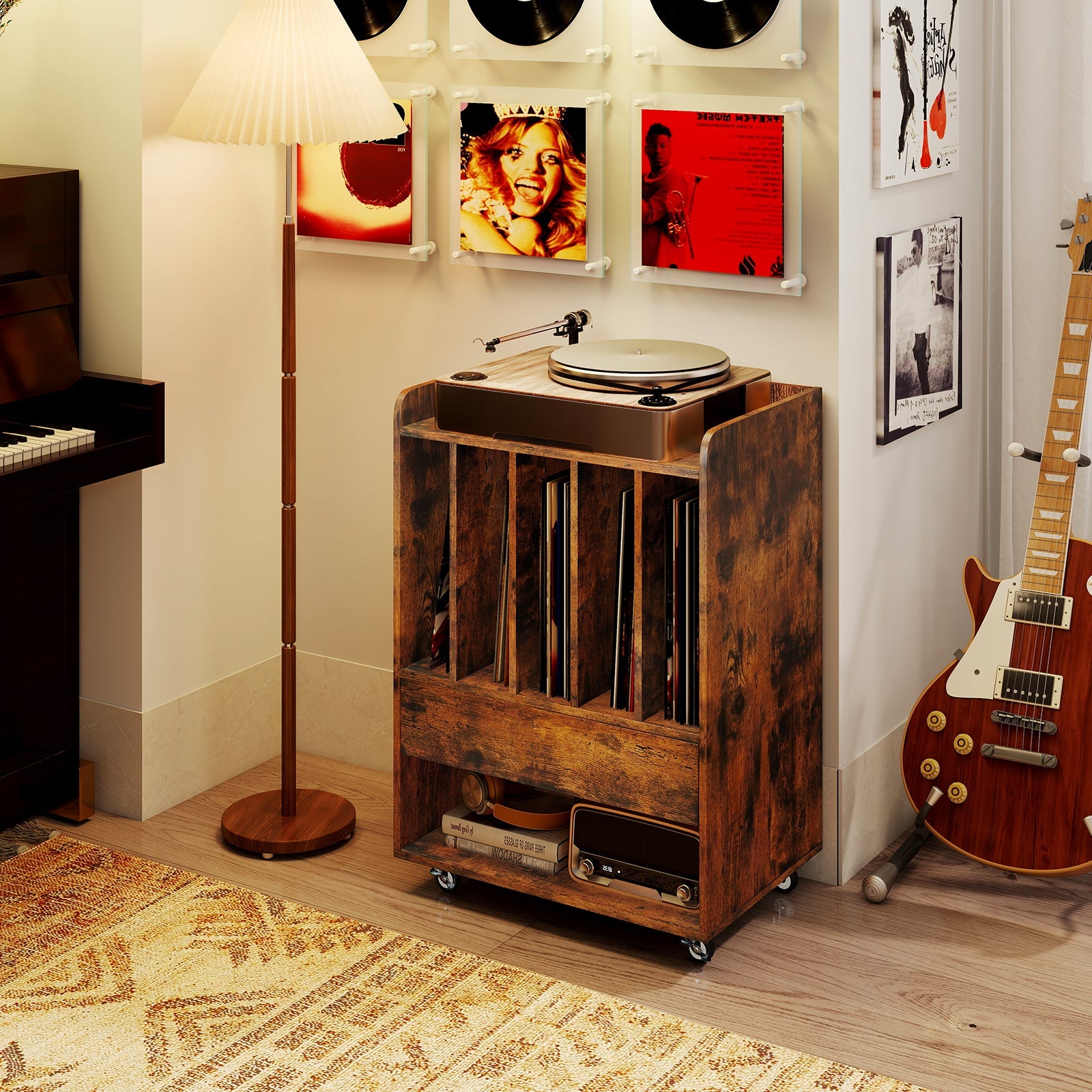 Record Player Stand Turntable Stand with Drawer and Record Holder