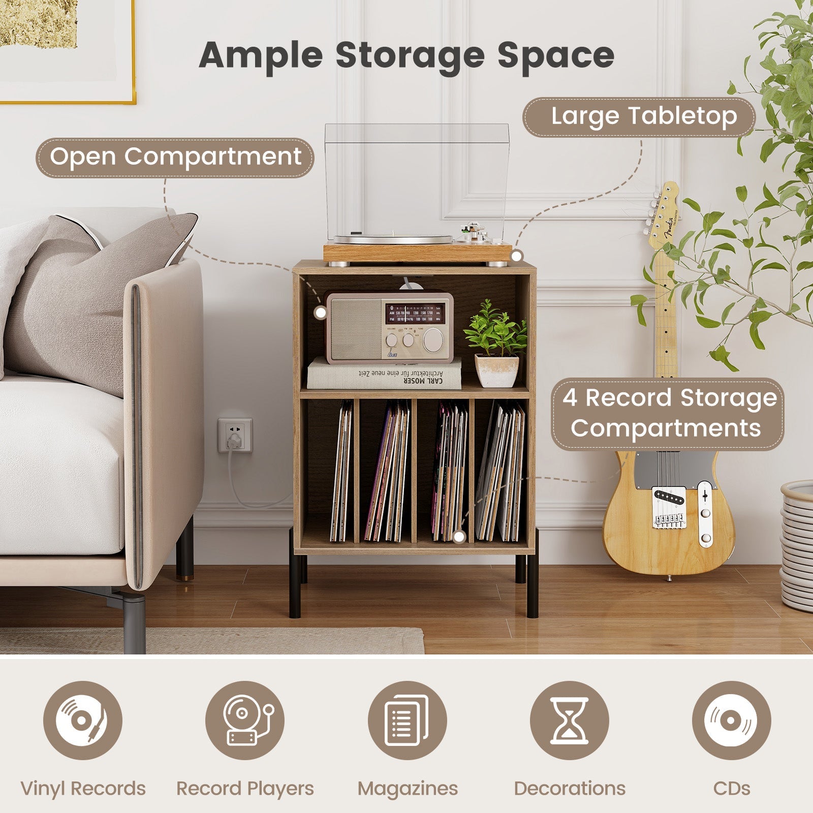 Record Player Stand with Record Storage Shelf and Charging Station
