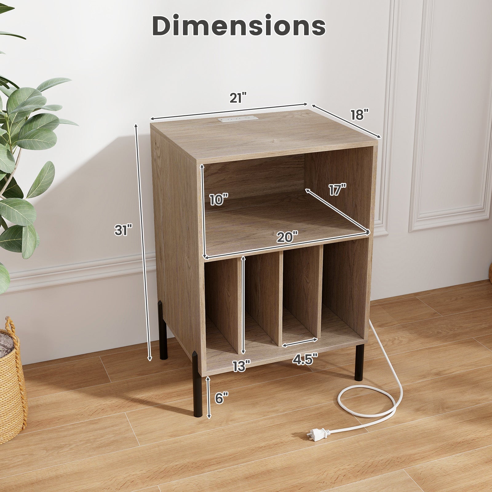 Record Player Stand with Record Storage Shelf and Charging Station