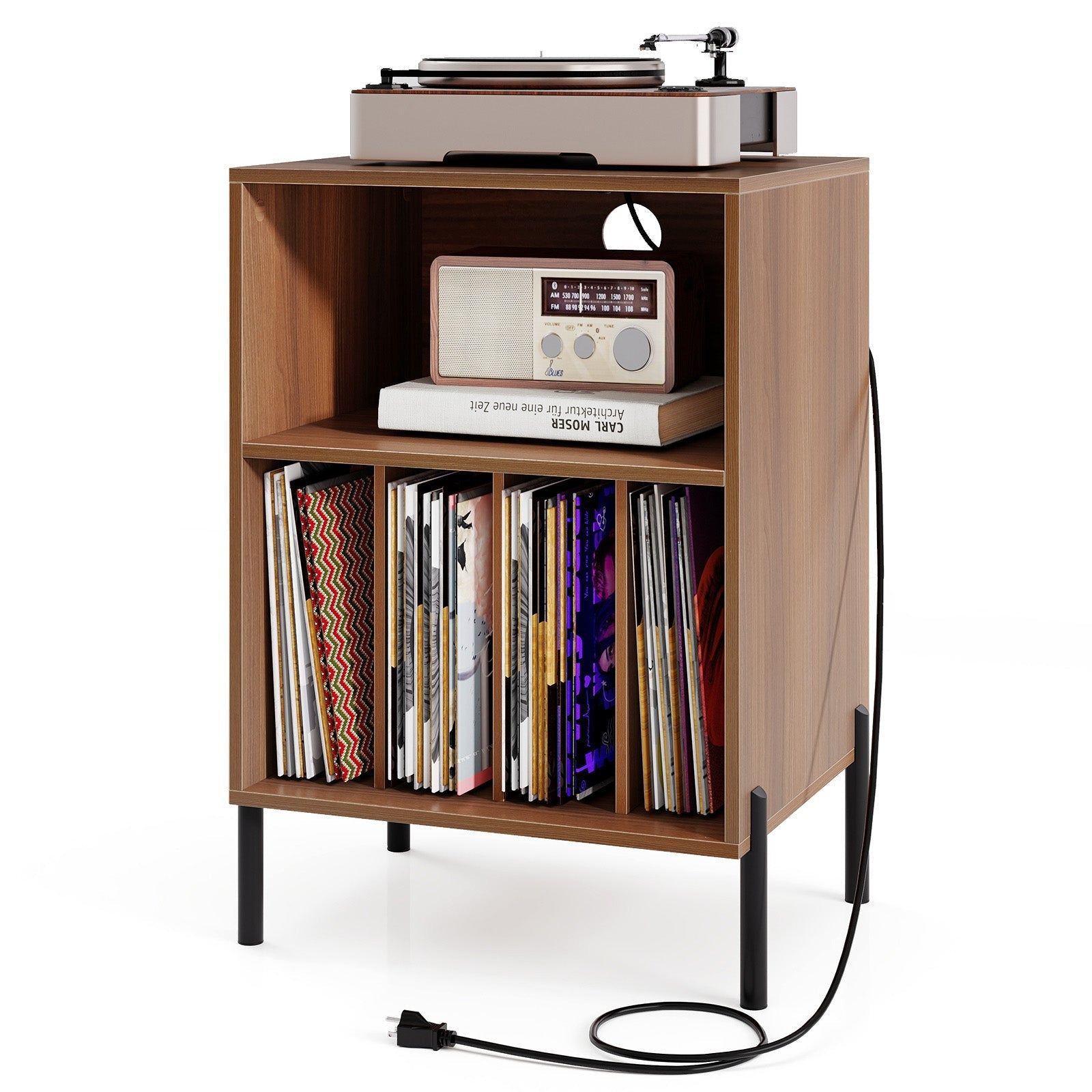 Record Player Stand with Record Storage Shelf and Charging Station