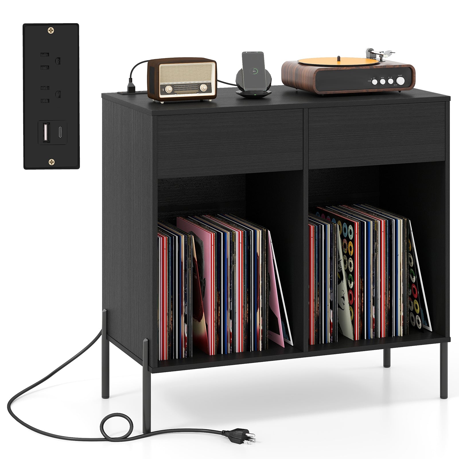 Record Player Stand with Power Outlets Double Wide Turntable Stand Vinyl Record Storage Table