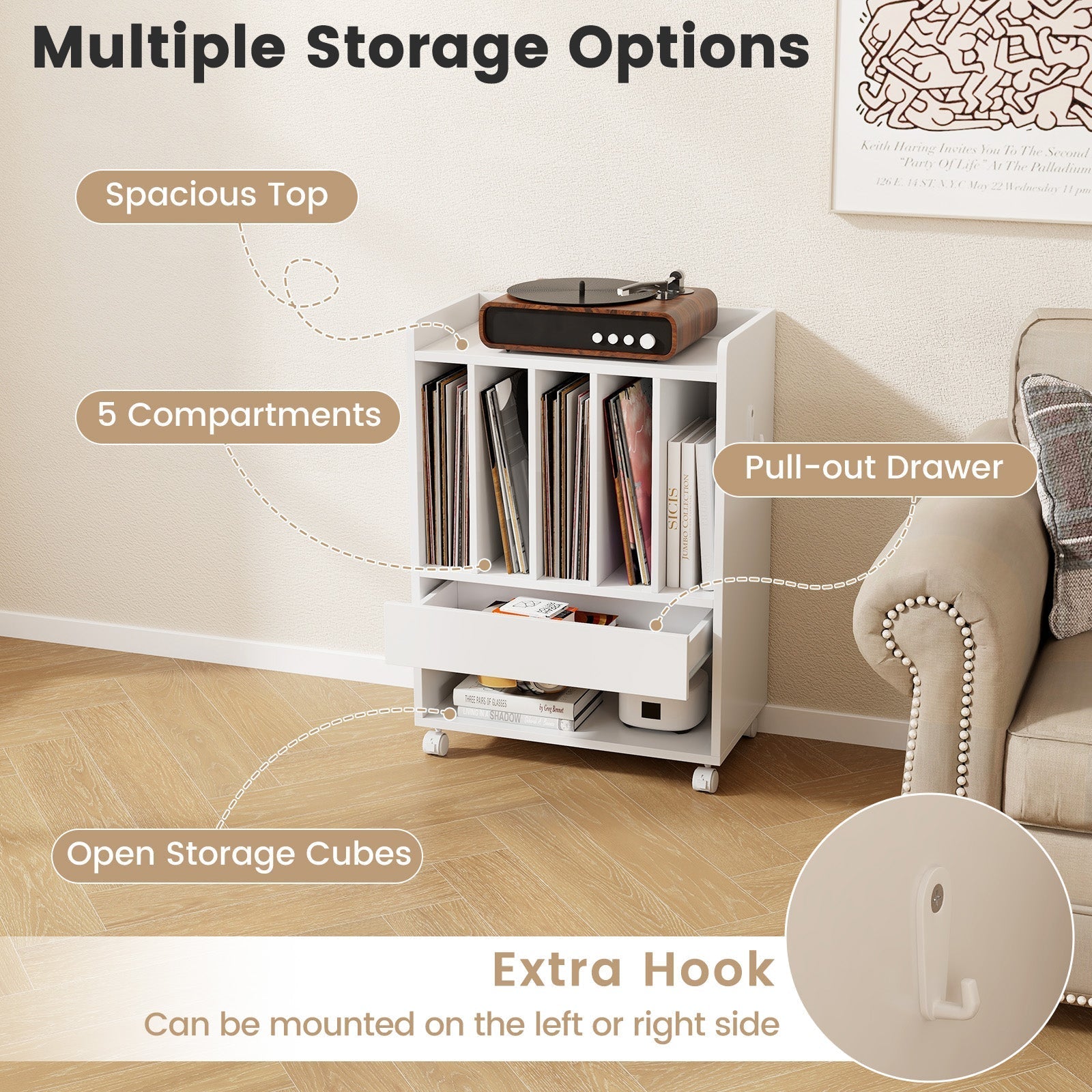 Record Rolling Turntable Player Stand with Drawer