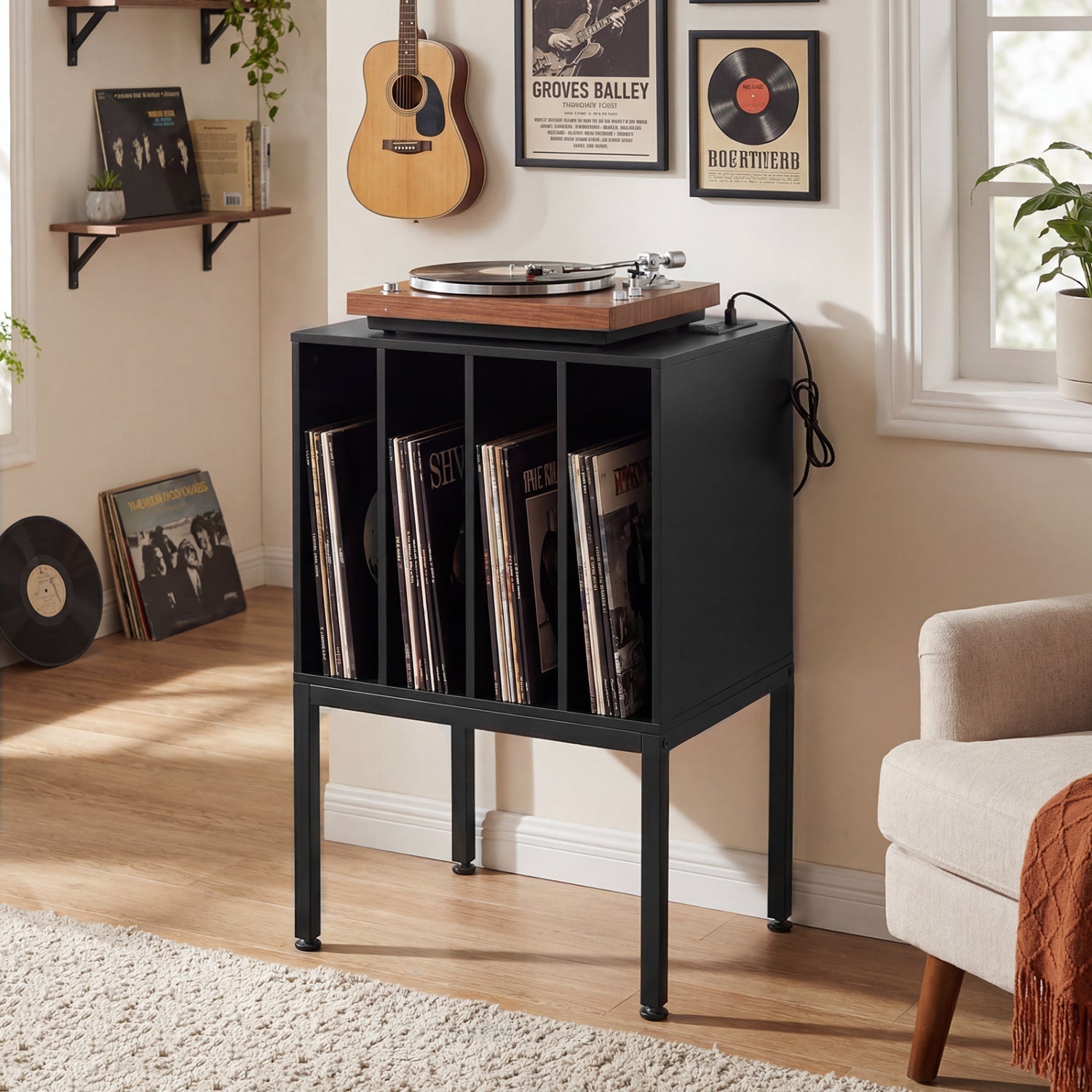 Turntable Record Player Stand with Power Outlets