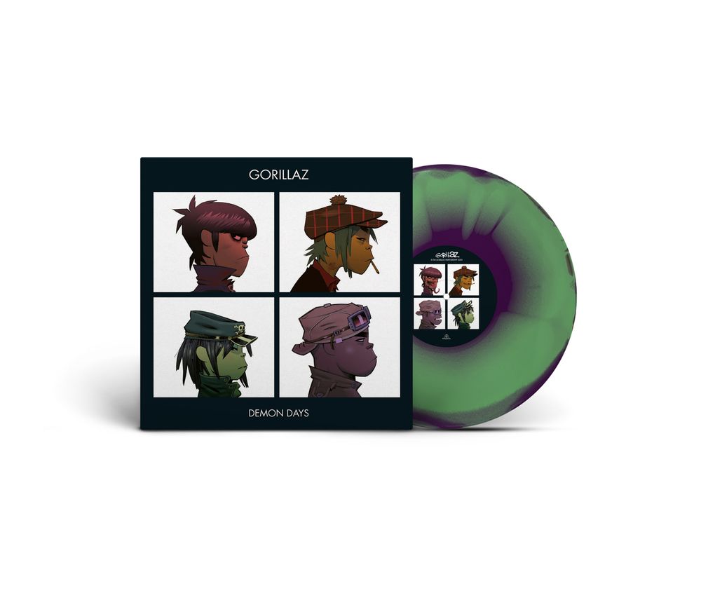 the album cover for Gorillaz - Demon Days - Brick &amp; Mortar Exclusive [Green, Purple, and Red Half-speed Mastered]