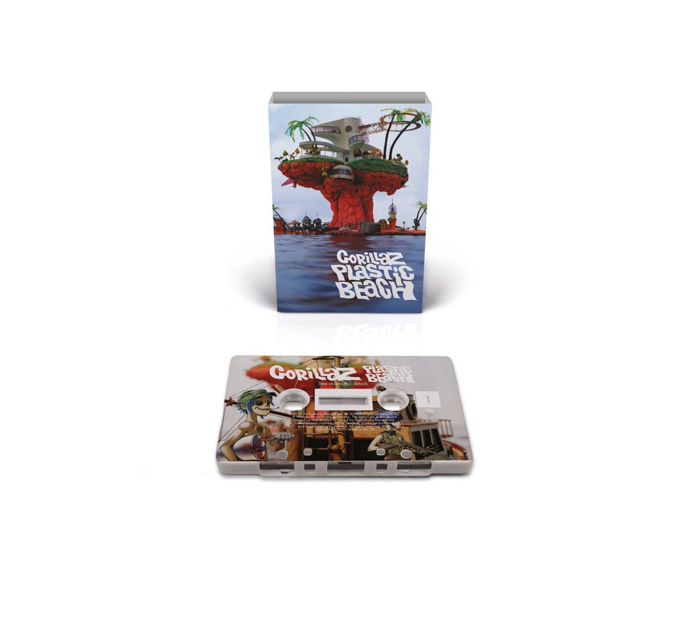 the album cover for Gorillaz - Plastic Beach - Brick &amp; Mortar Exclusive [White Cassette with On Body Printing]