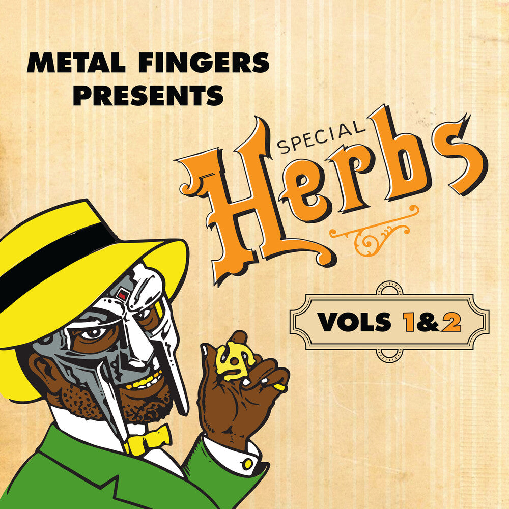 the album cover for MF DOOM - Metal Fingers Presents: Special Herbs Vol. 1 &amp; 2 [Mustard Yellow LP]