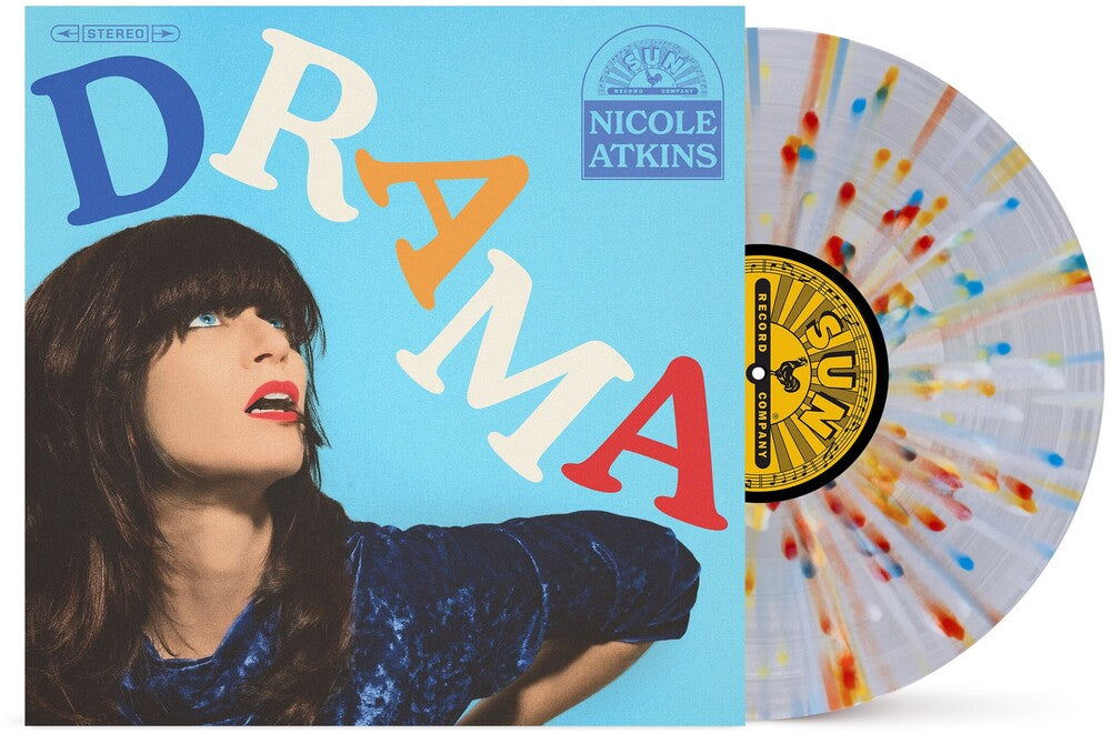 the album cover for Nicole Atkins - Drama [Translucent Clear with Red Blue &amp; Yellow Splatter]