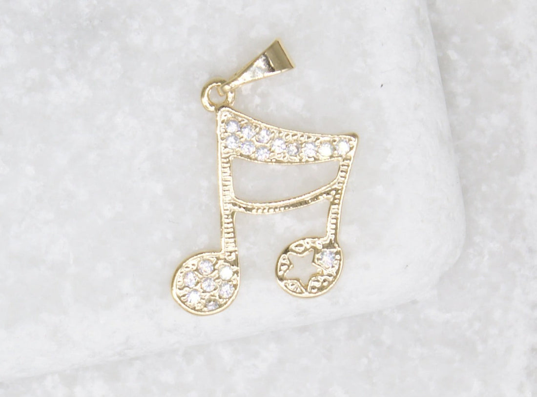 18K Gold Filled CZ Stone Double Bar Note Pendant, Music Note, Music Symbol, Jewelry Making Music Note Charm