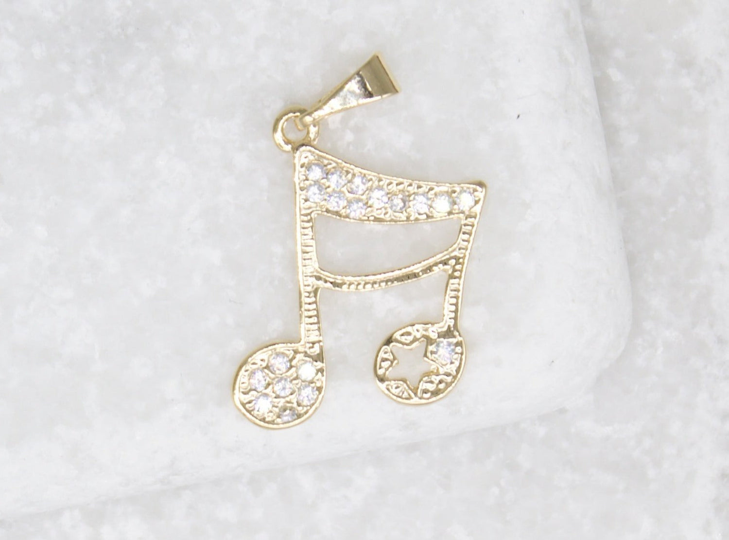 18K Gold Filled CZ Stone Double Bar Note Pendant, Music Note, Music Symbol, Jewelry Making Music Note Charm