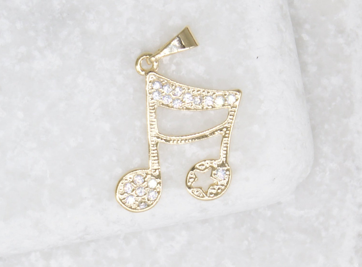 18K Gold Filled CZ Stone Double Bar Note Pendant, Music Note, Music Symbol, Jewelry Making Music Note Charm