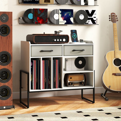Large Record Player Stand with Charging Station Mid Century Modern Vinyl Storage Cabinet