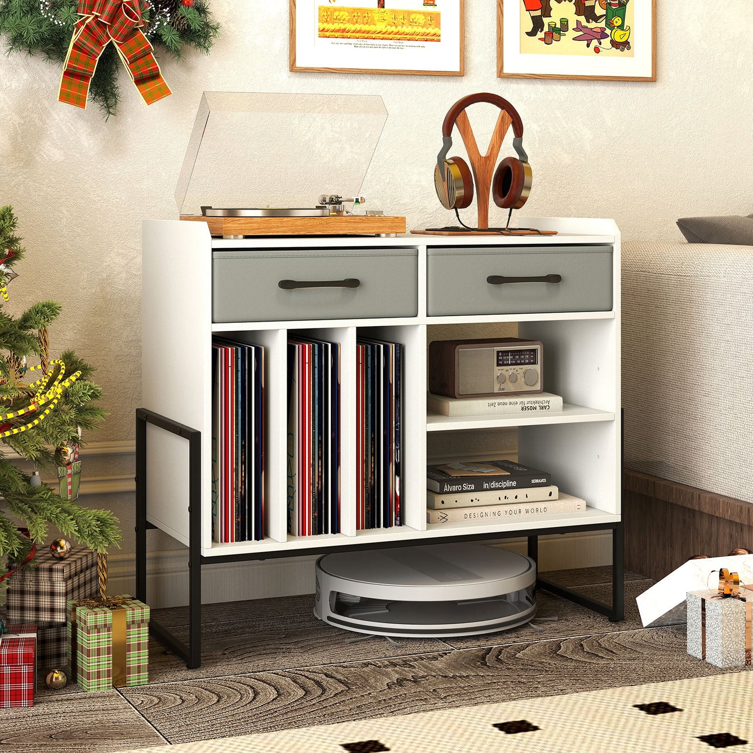 Large Record Player Stand with Charging Station Mid Century Modern Vinyl Storage Cabinet