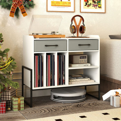 Large Record Player Stand with Charging Station Mid Century Modern Vinyl Storage Cabinet