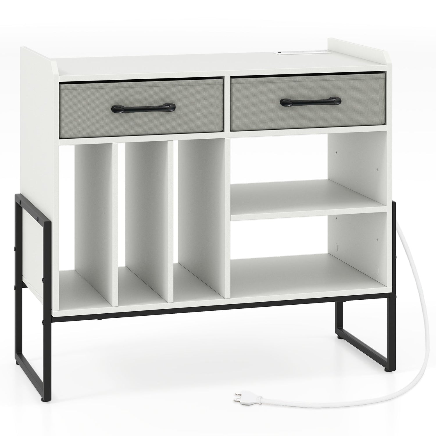 Large Record Player Stand with Charging Station Mid Century Modern Vinyl Storage Cabinet