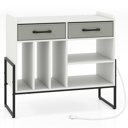 Large Record Player Stand with Charging Station Mid Century Modern Vinyl Storage Cabinet