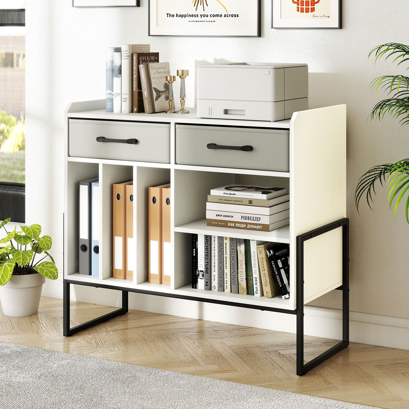 Large Record Player Stand with Charging Station Mid Century Modern Vinyl Storage Cabinet