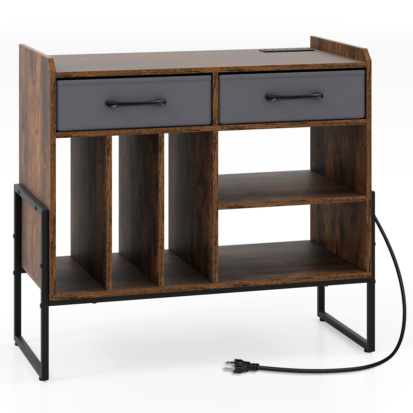Large Record Player Stand with Charging Station Mid Century Modern Vinyl Storage Cabinet