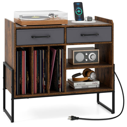 Large Record Player Stand with Charging Station Mid Century Modern Vinyl Storage Cabinet