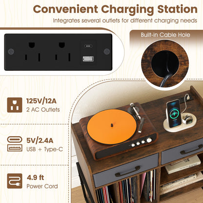 Large Record Player Stand with Charging Station Mid Century Modern Vinyl Storage Cabinet