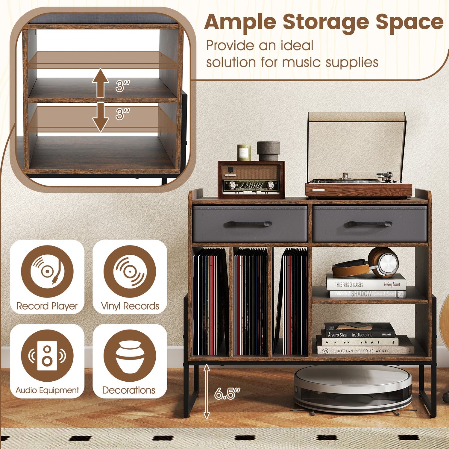 Large Record Player Stand with Charging Station Mid Century Modern Vinyl Storage Cabinet