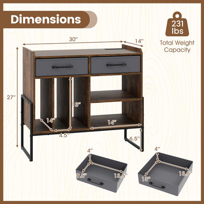 Large Record Player Stand with Charging Station Mid Century Modern Vinyl Storage Cabinet
