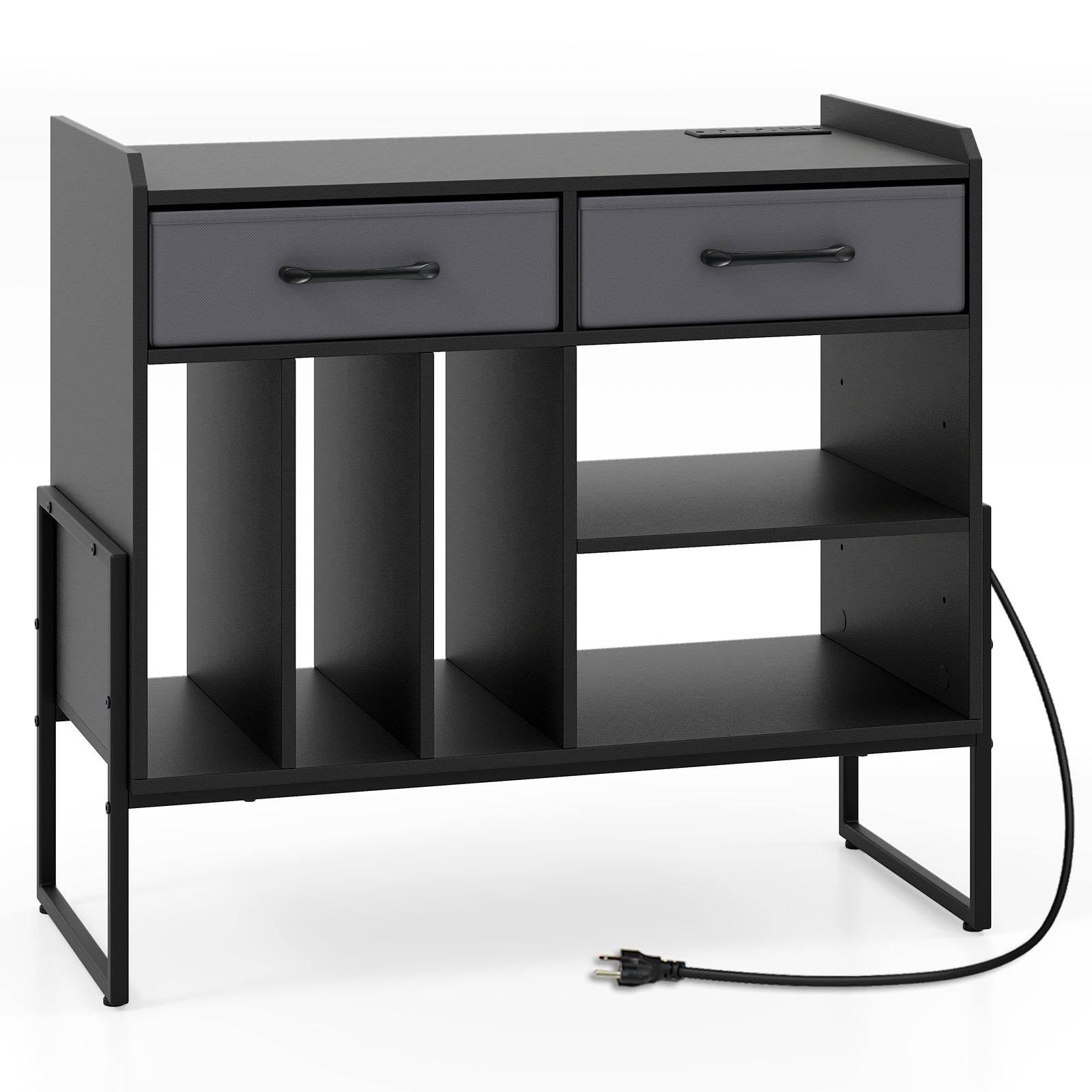 Large Record Player Stand with Charging Station Mid Century Modern Vinyl Storage Cabinet
