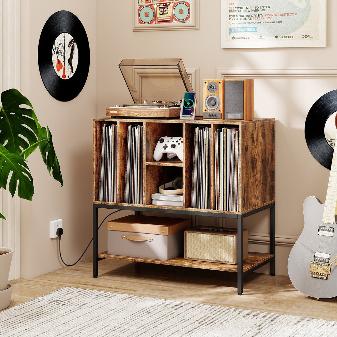 Record Player Stand with Charging Station and Metal Frame