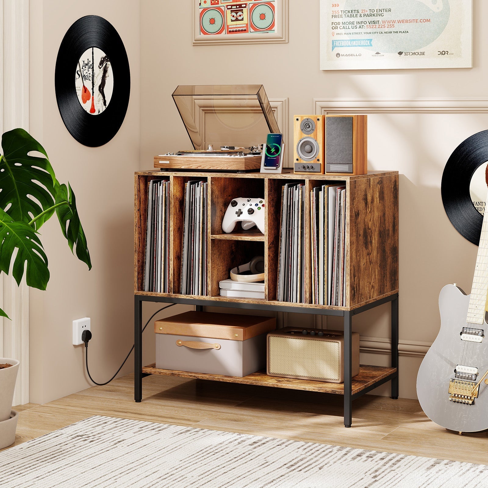 Record Player Stand with Charging Station and Metal Frame