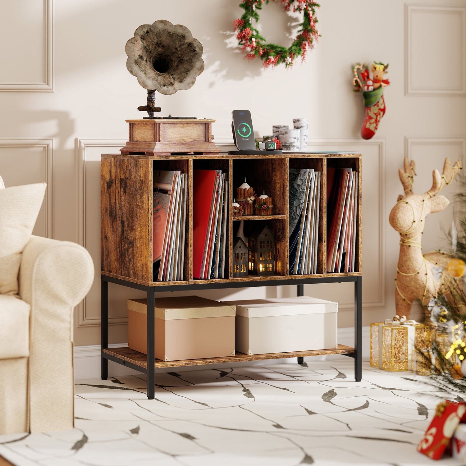 Record Player Stand with Charging Station and Metal Frame