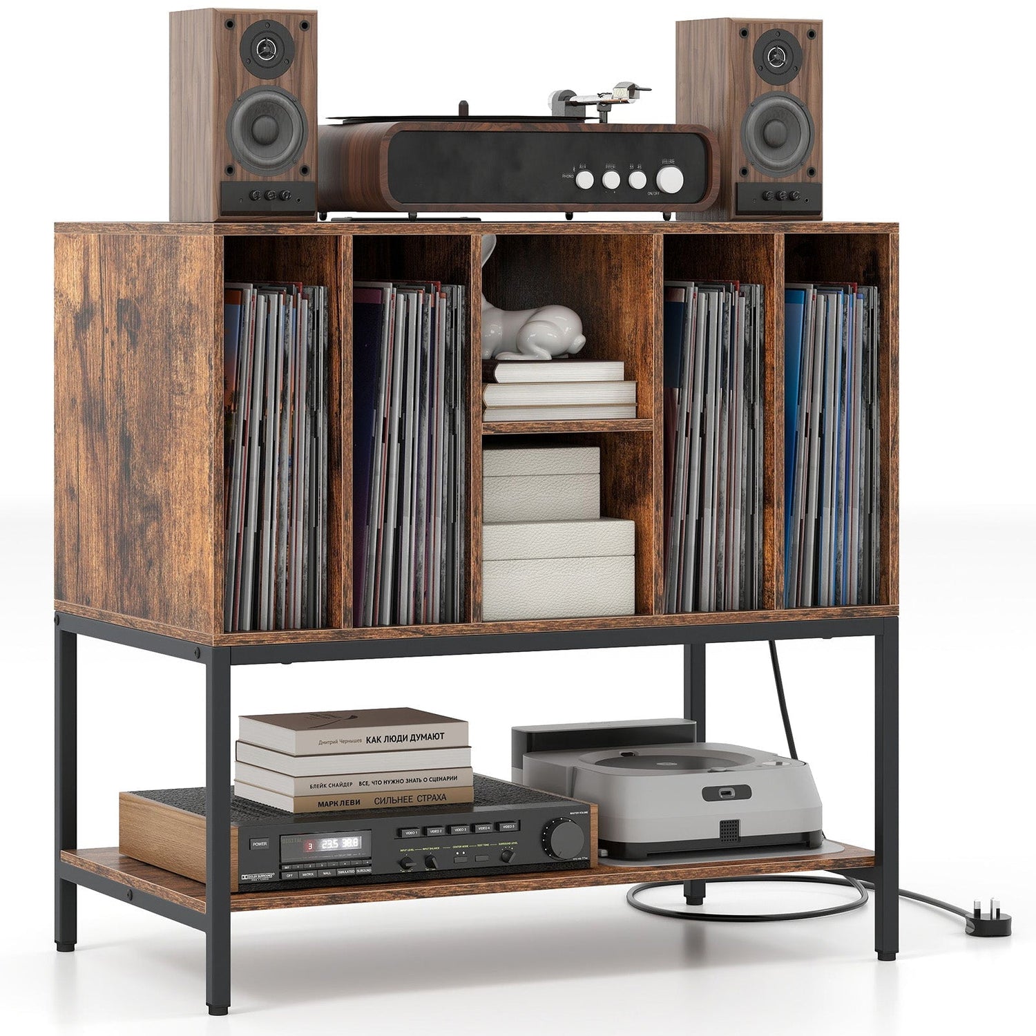 Record Player Stand with Charging Station and Metal Frame