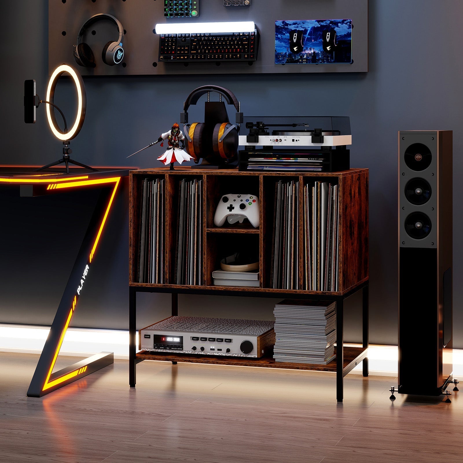 Record Player Stand with Charging Station and Metal Frame
