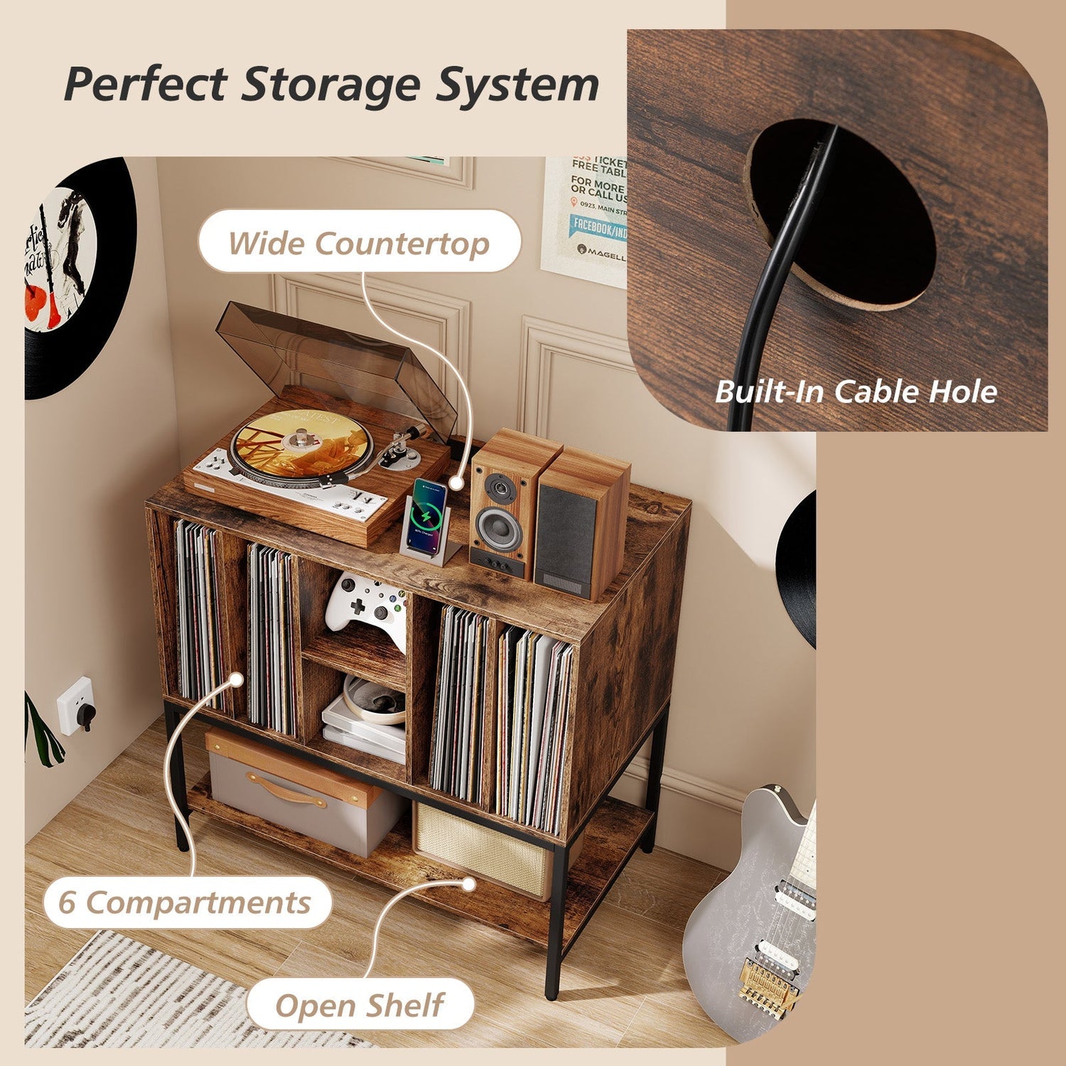 Record Player Stand with Charging Station and Metal Frame