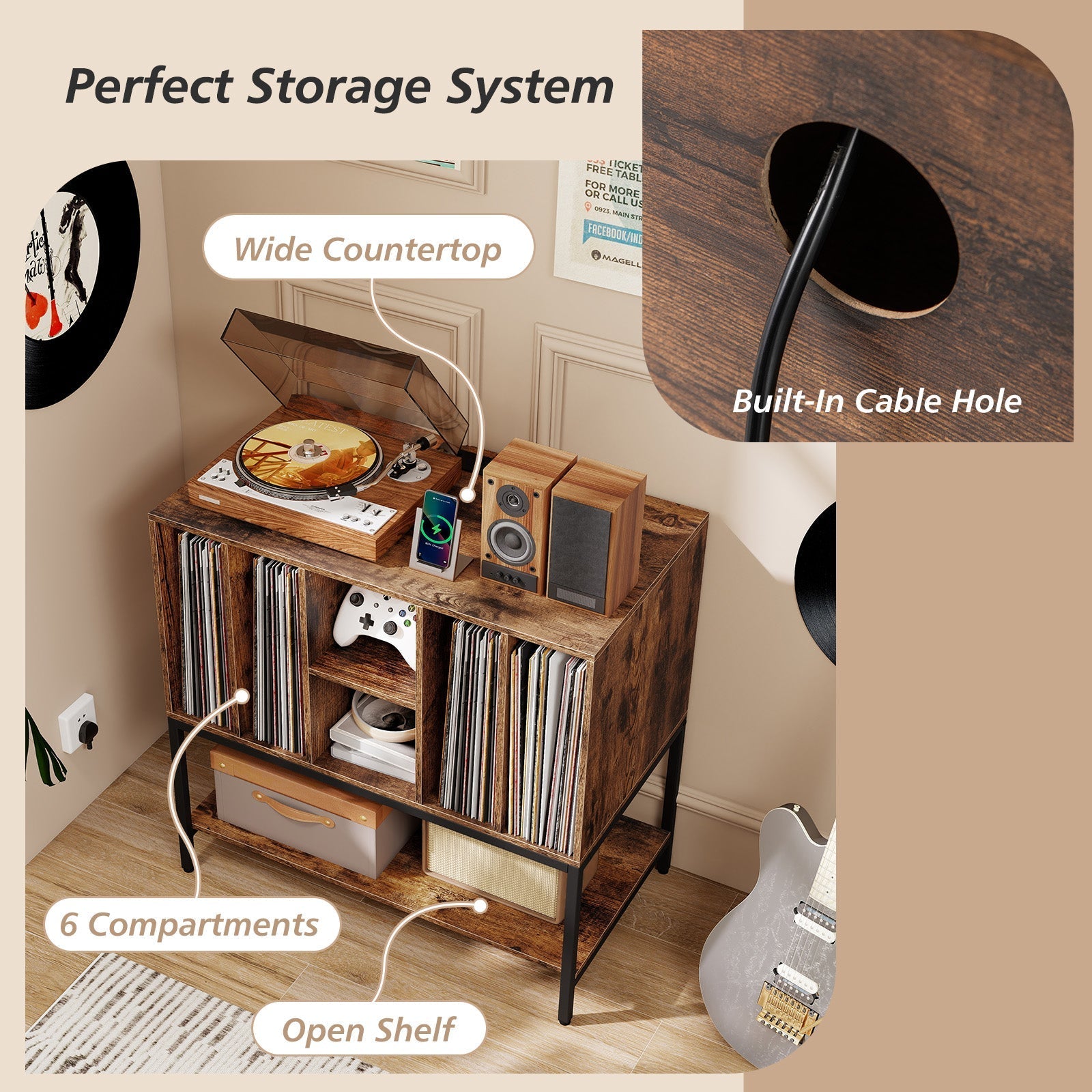 Record Player Stand with Charging Station and Metal Frame