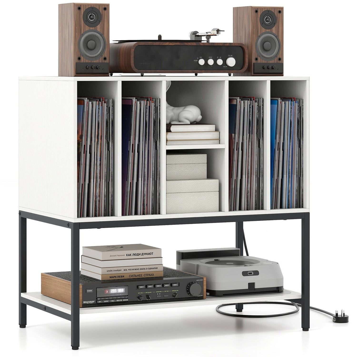 Record Player Stand with Charging Station and Metal Frame