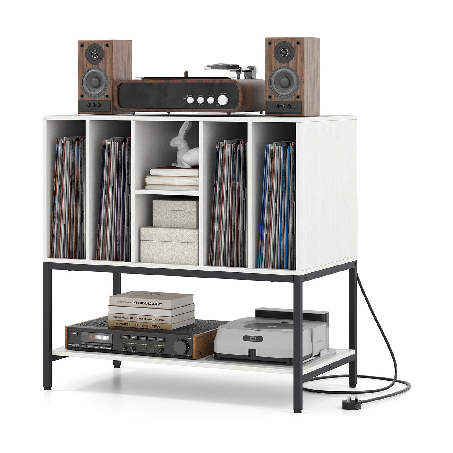 Record Player Stand with Charging Station and Metal Frame
