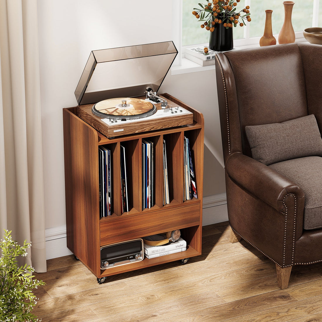 Record Player Stand Turntable Stand with Drawer and Record Holder