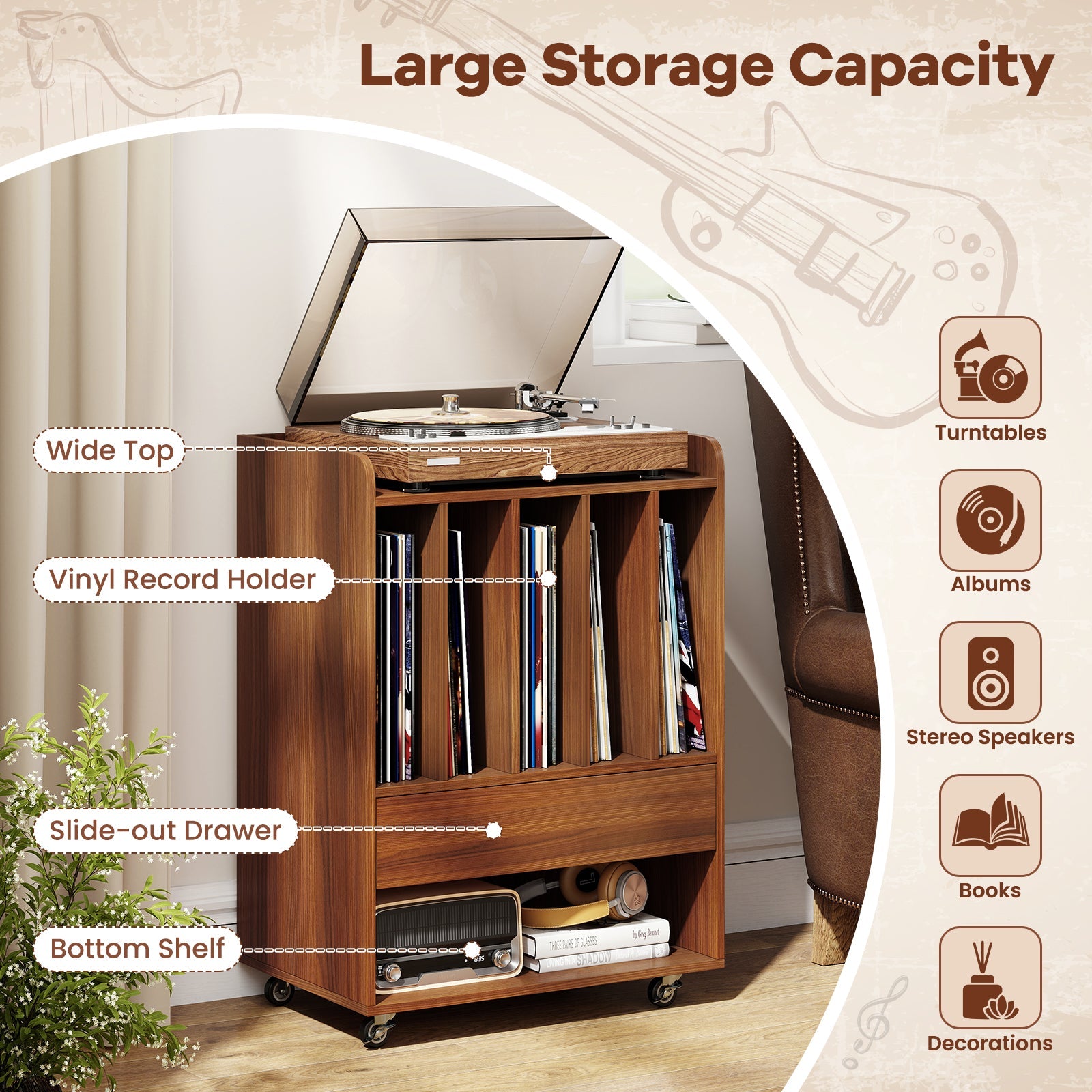 Record Player Stand Turntable Stand with Drawer and Record Holder