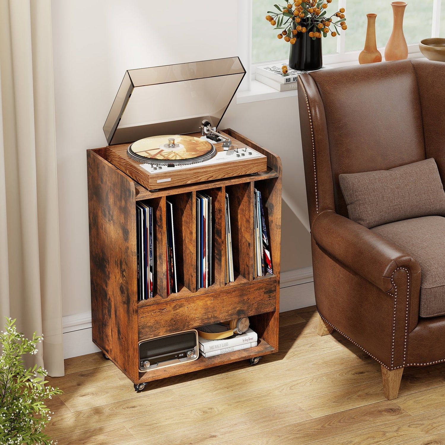 Record Player Stand Turntable Stand with Drawer and Record Holder