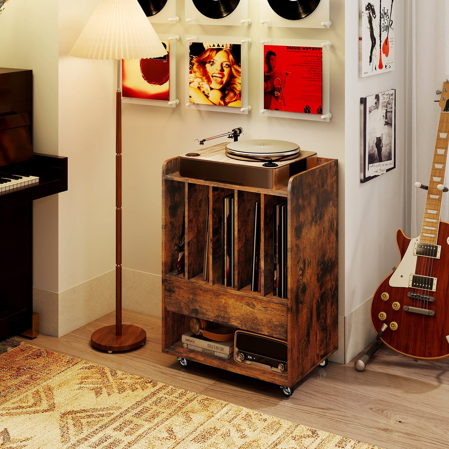 Record Player Stand Turntable Stand with Drawer and Record Holder