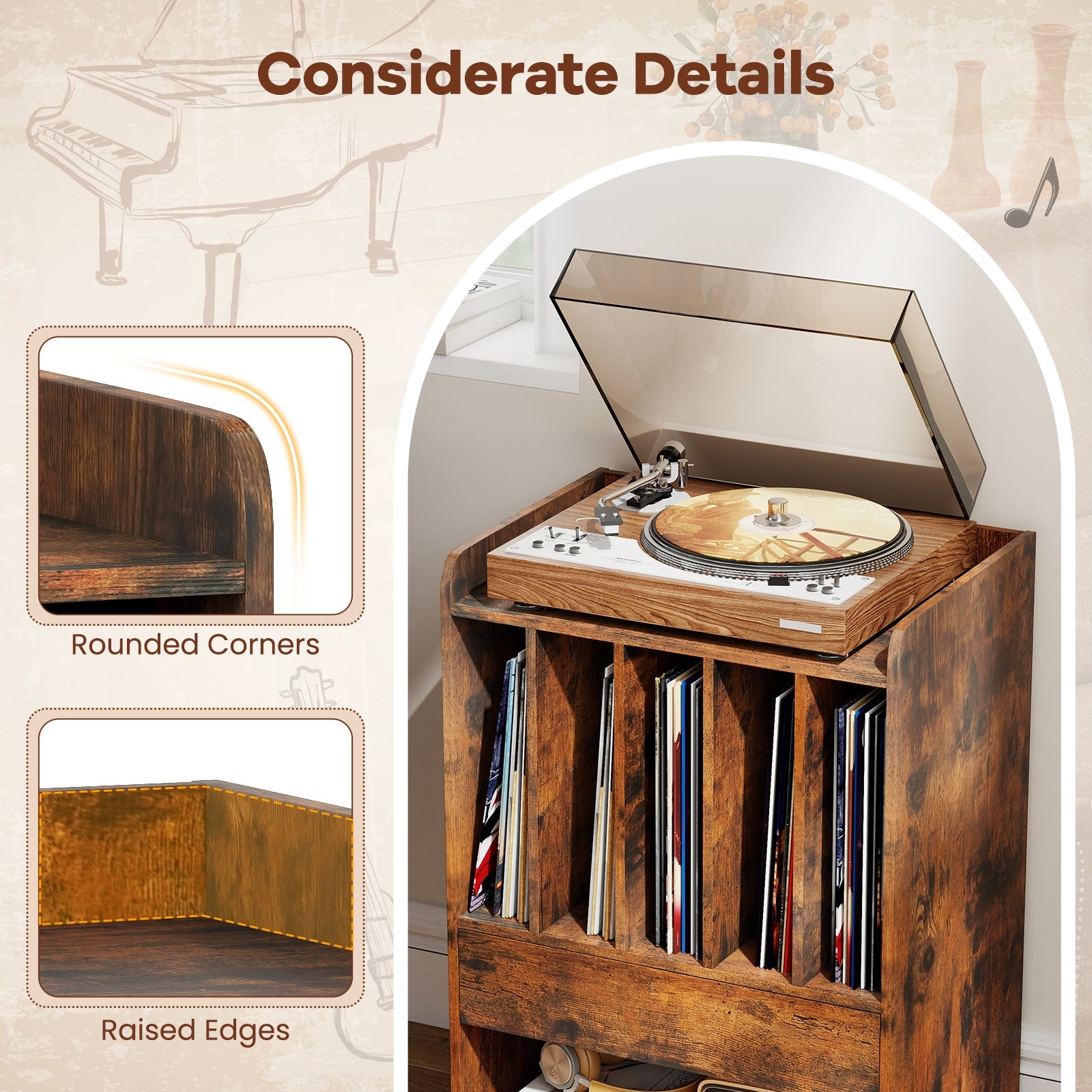 Record Player Stand Turntable Stand with Drawer and Record Holder