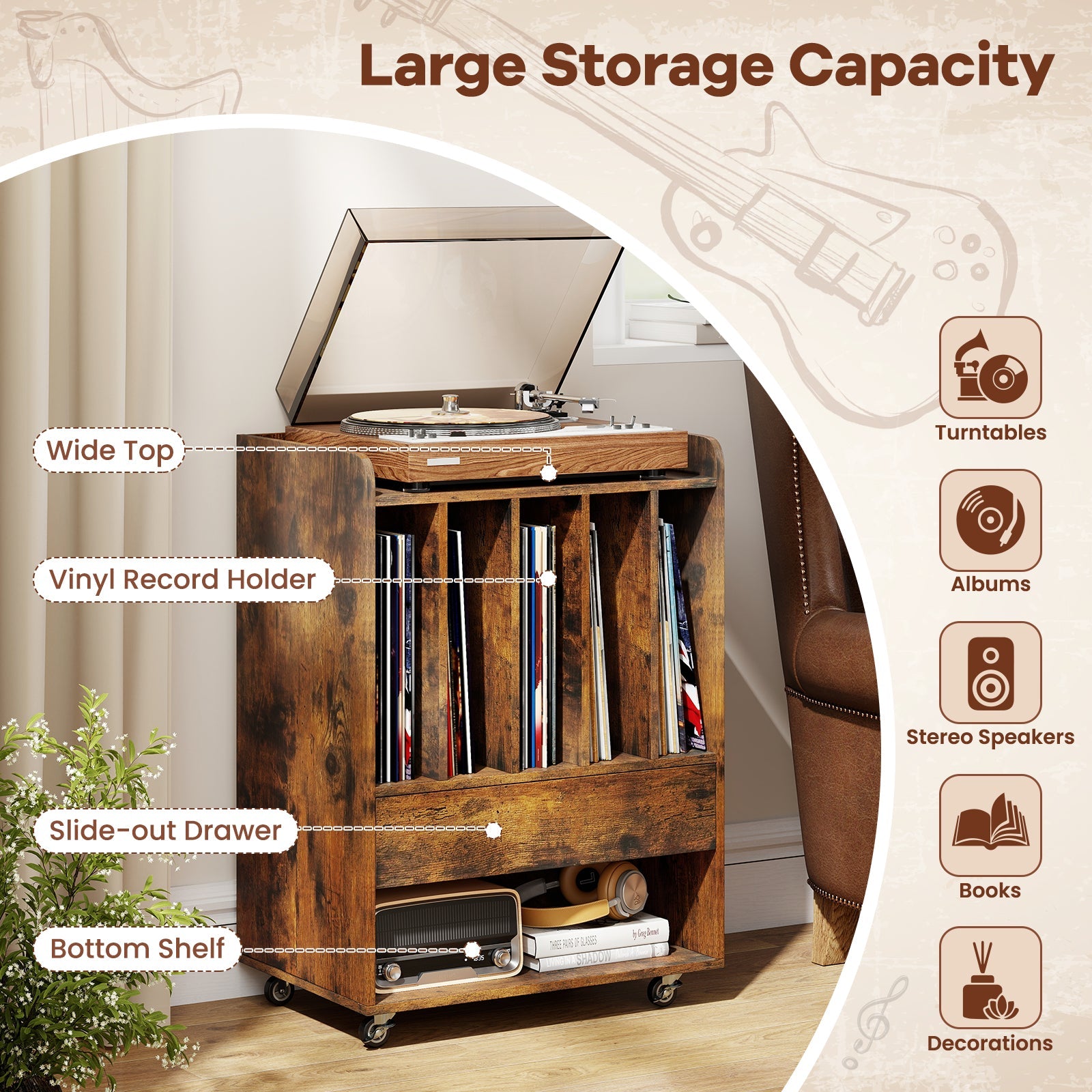 Record Player Stand Turntable Stand with Drawer and Record Holder