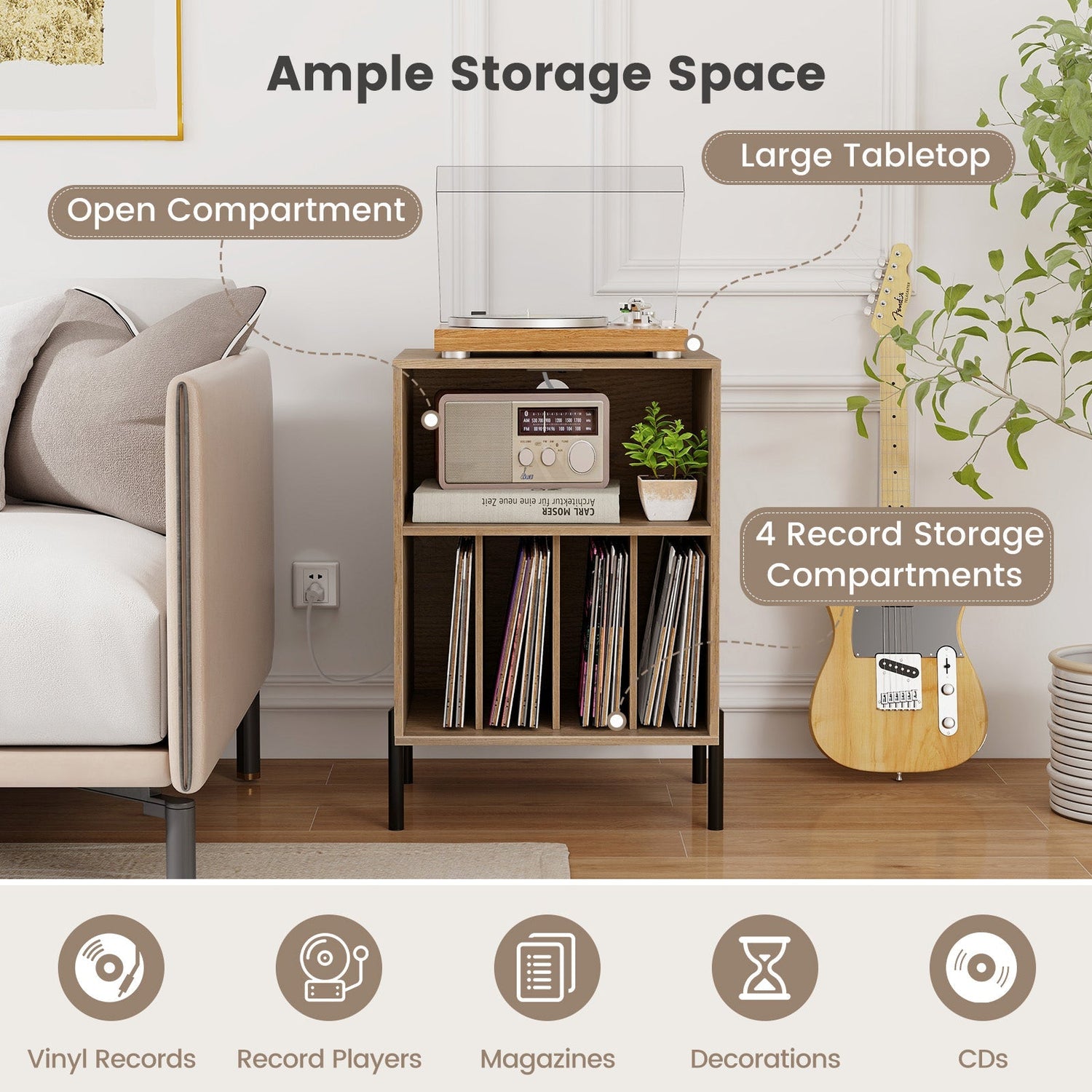 Record Player Stand with Record Storage Shelf and Charging Station