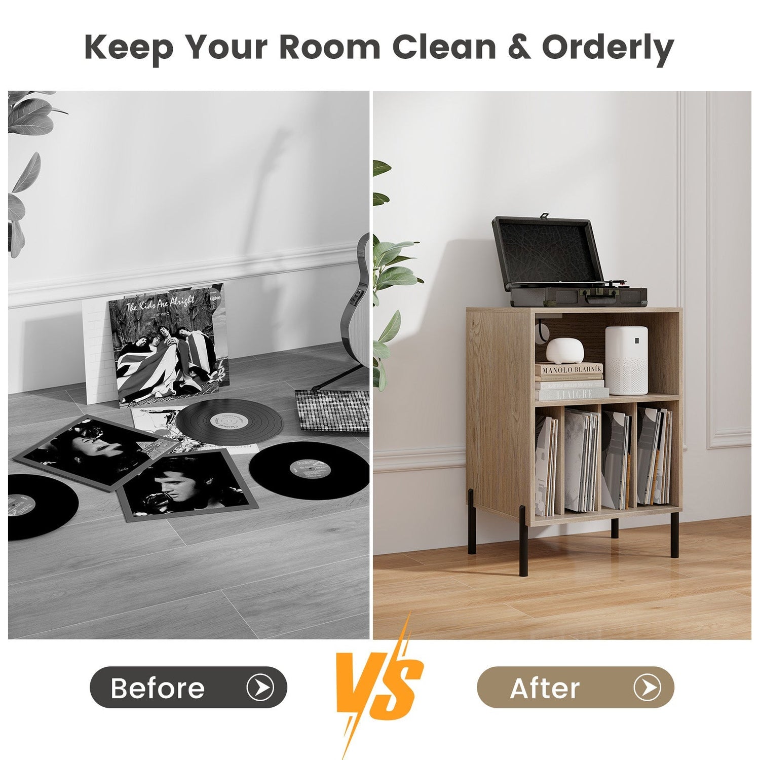 Record Player Stand with Record Storage Shelf and Charging Station