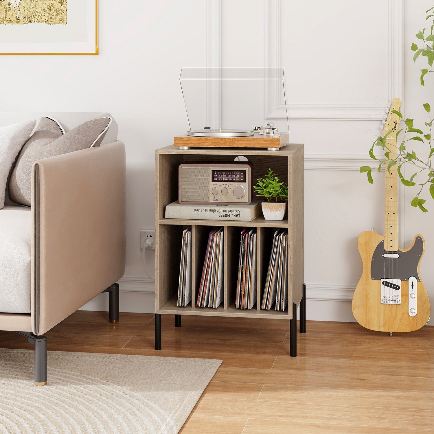Record Player Stand with Record Storage Shelf and Charging Station