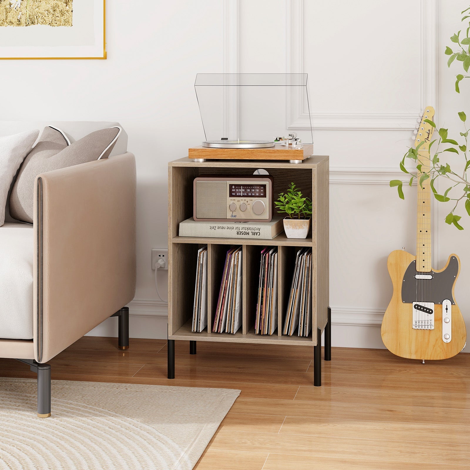 Record Player Stand with Record Storage Shelf and Charging Station