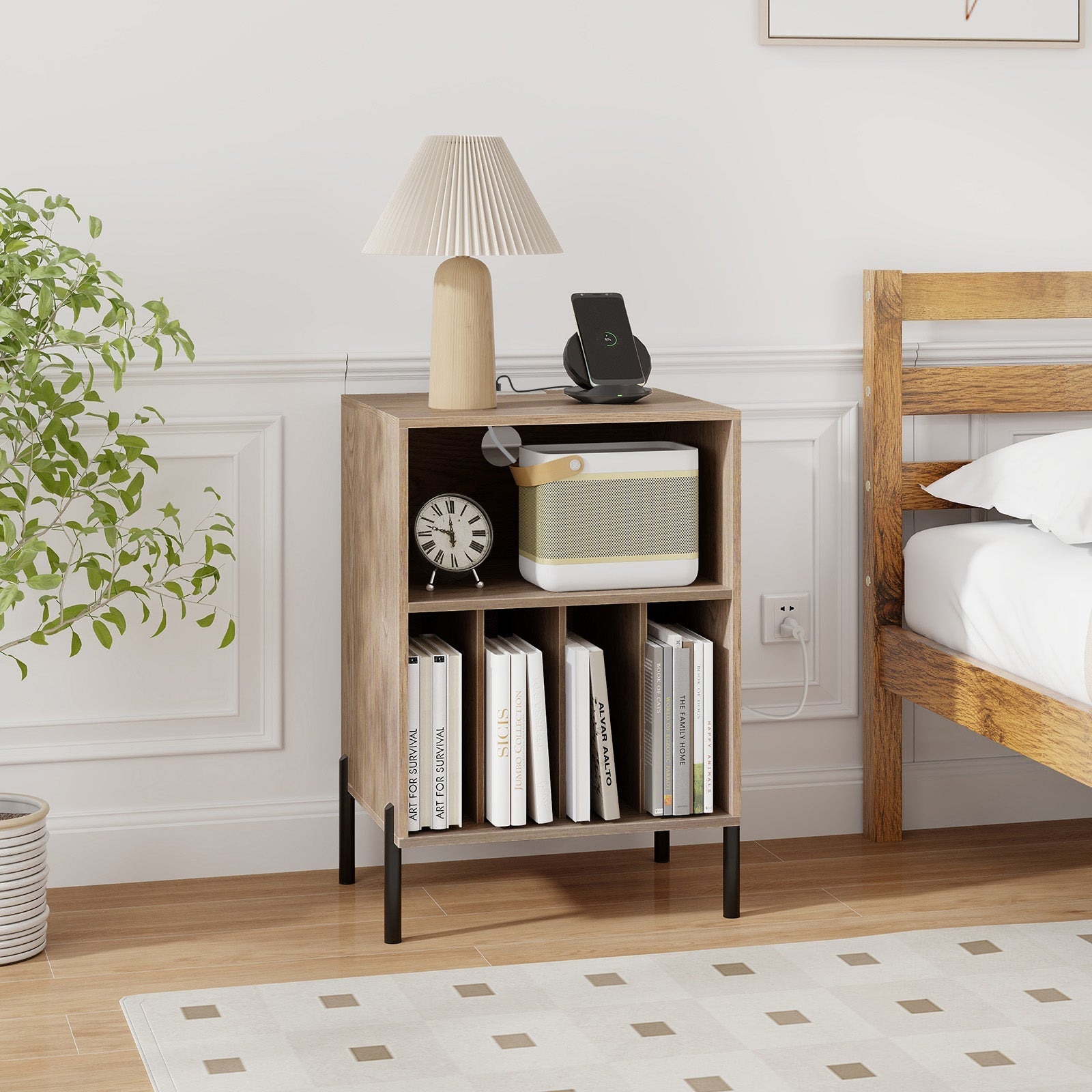 Record Player Stand with Record Storage Shelf and Charging Station