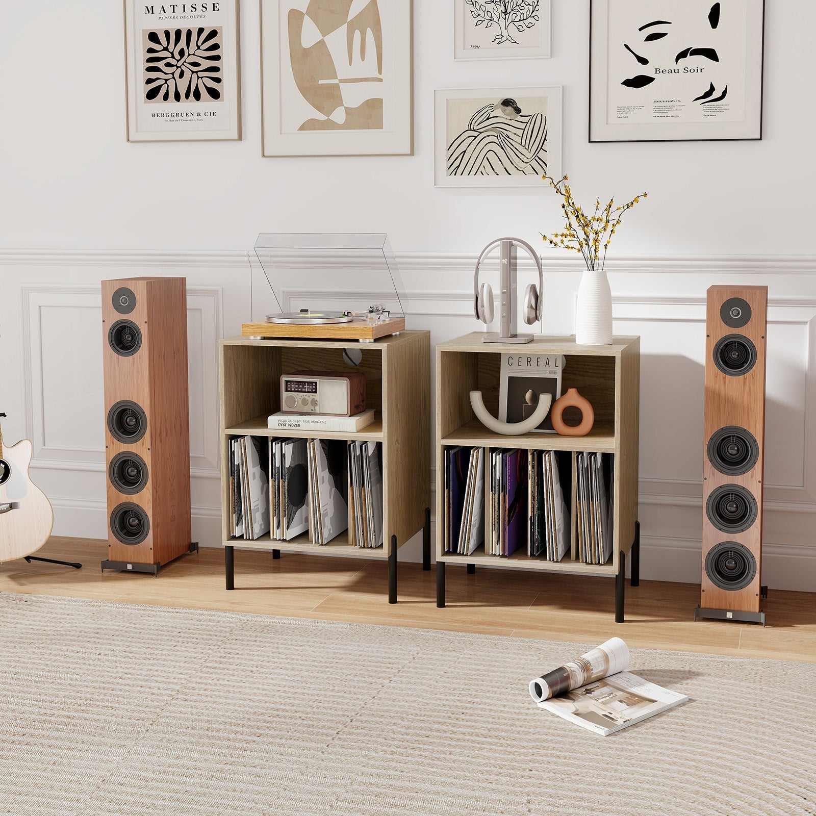 Record Player Stand with Record Storage Shelf and Charging Station
