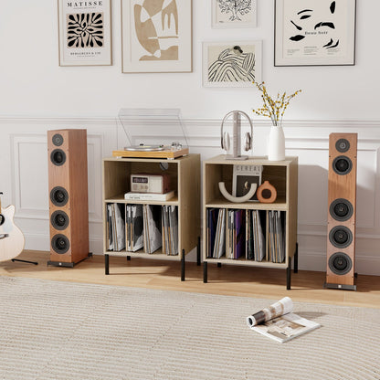 Record Player Stand with Record Storage Shelf and Charging Station