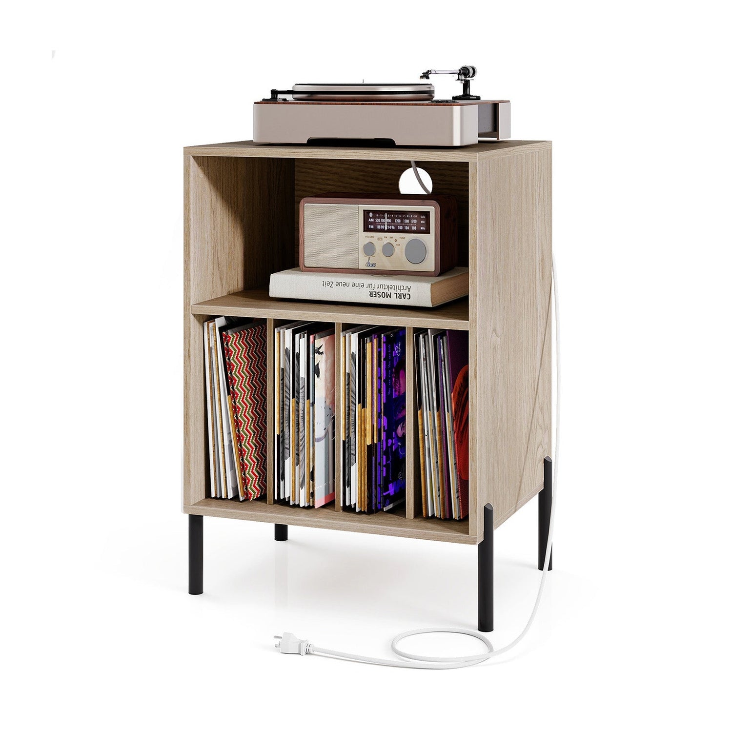 Record Player Stand with Record Storage Shelf and Charging Station